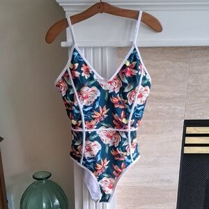 Floral One-Piece Swimsuit with White Trim